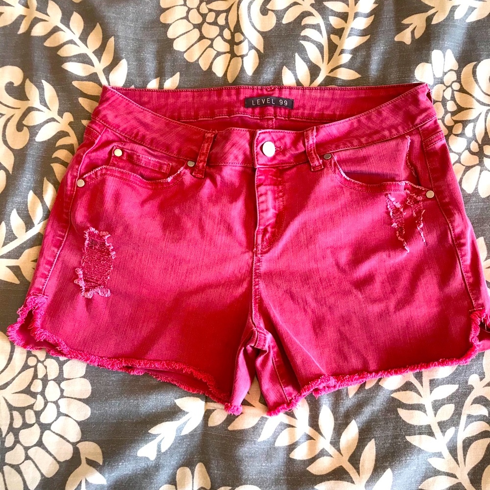 Level 99 shorts, red, distressed, size 8